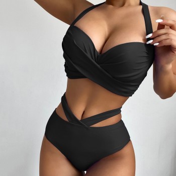 Two Piece Marble Print Swimsuit Female Push Up Halter Ruched Wrap Front High Waist Bathing Suit